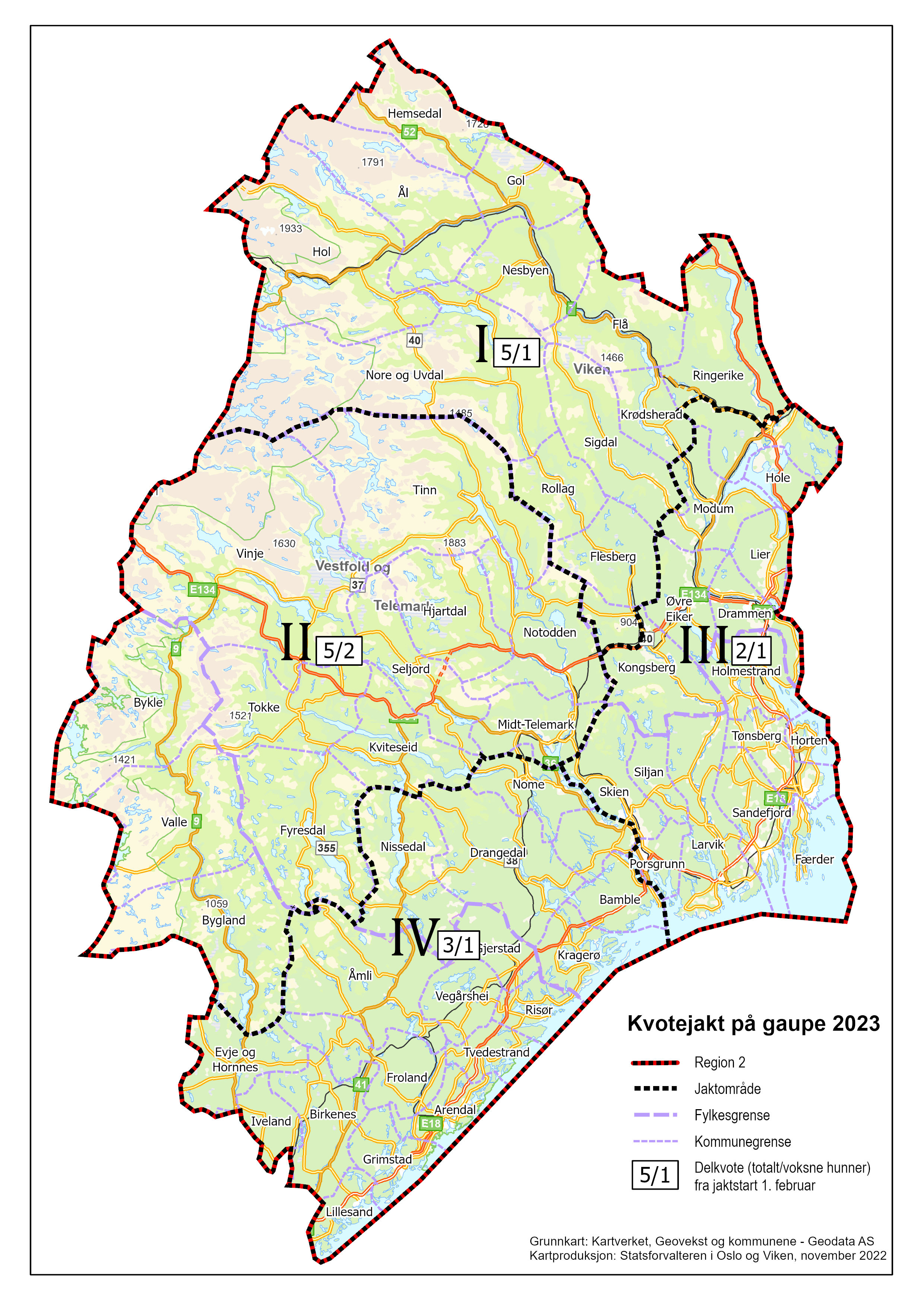 Kart som viser rovviltregion 2 inndelt i 4 jaktområder med delkvotene som gjelder fra jaktstart. 