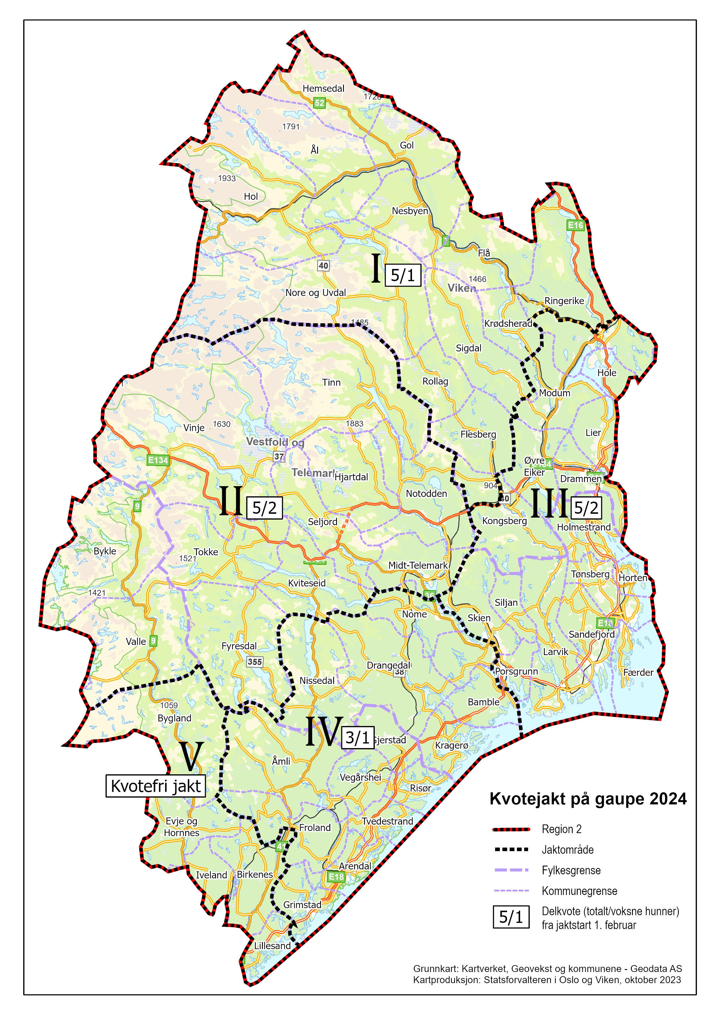 Kart med oversikt over de fem jaktområdene for gaupe i rovviltregion 2